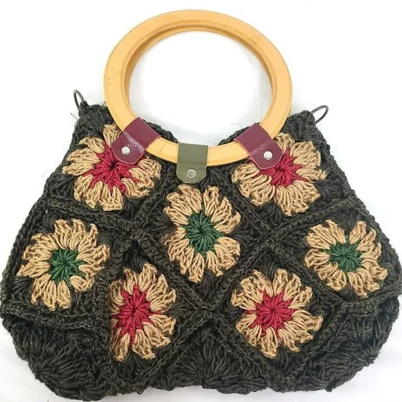 Jute Floral Crochet Handbag Purse Tote Boho Flowers Patchwork Wood Handle Bag - Picture 3 of 14